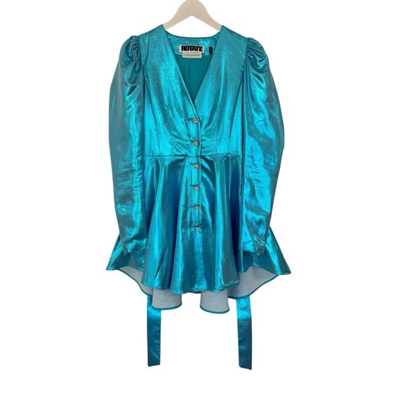 Rotate Birger Christensen Emma Belted Mini Cocktail Dress Club Metallic Blue US2 - Picture 3 of 16